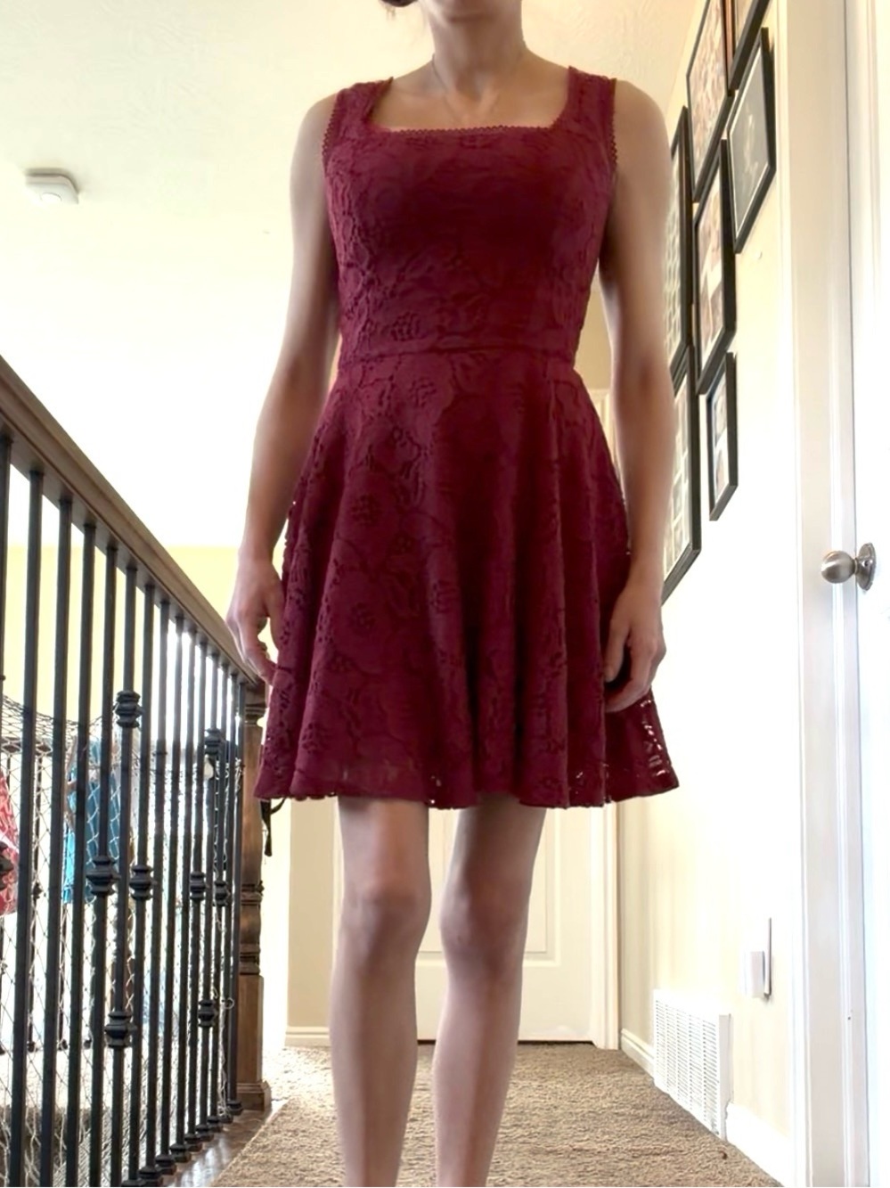 Women's Lace Fit-and-Flare Dress in Burgundy